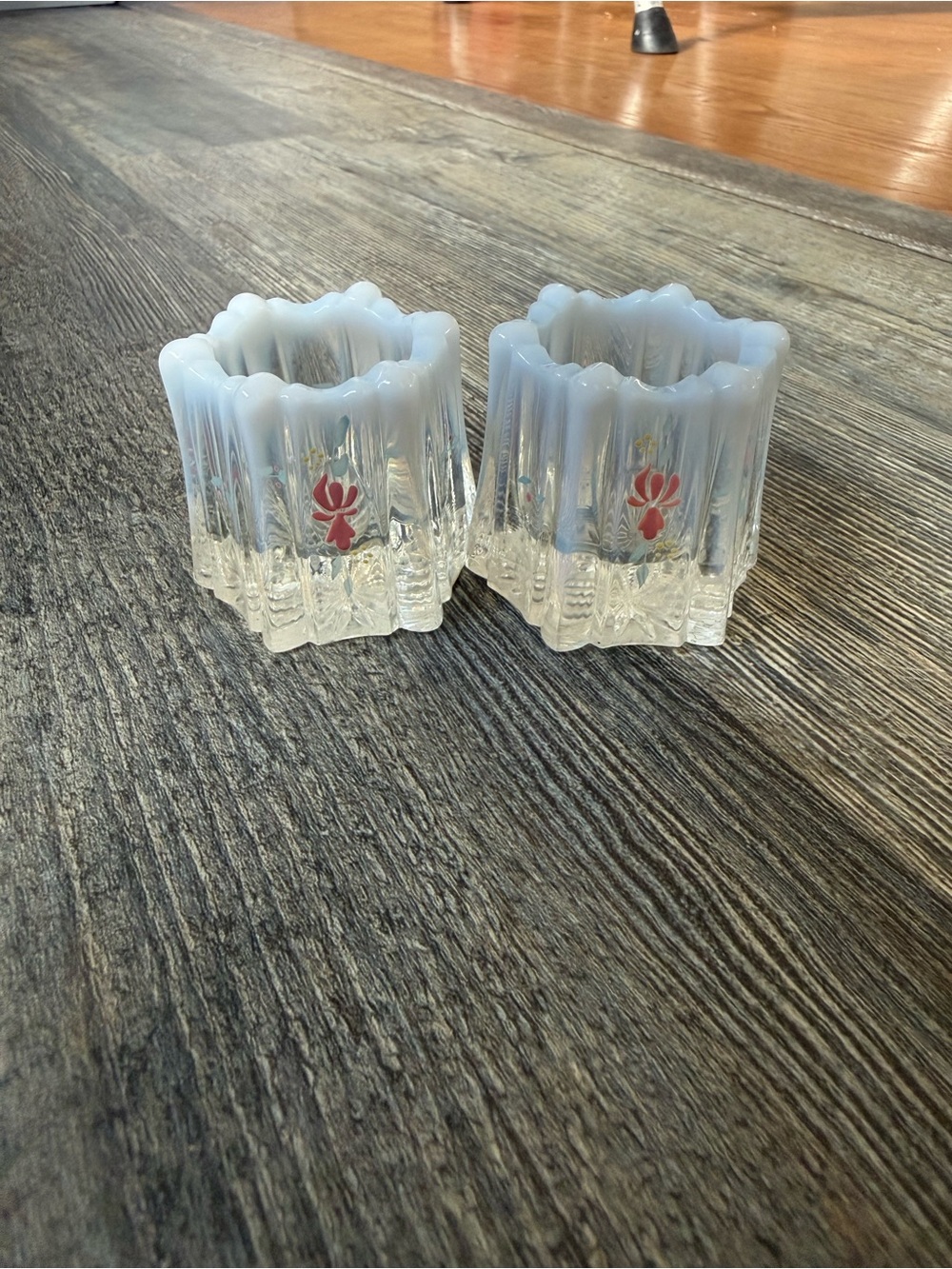 Vintage set of 2 Fenton Glass “country garden on French cream” toothpick holder